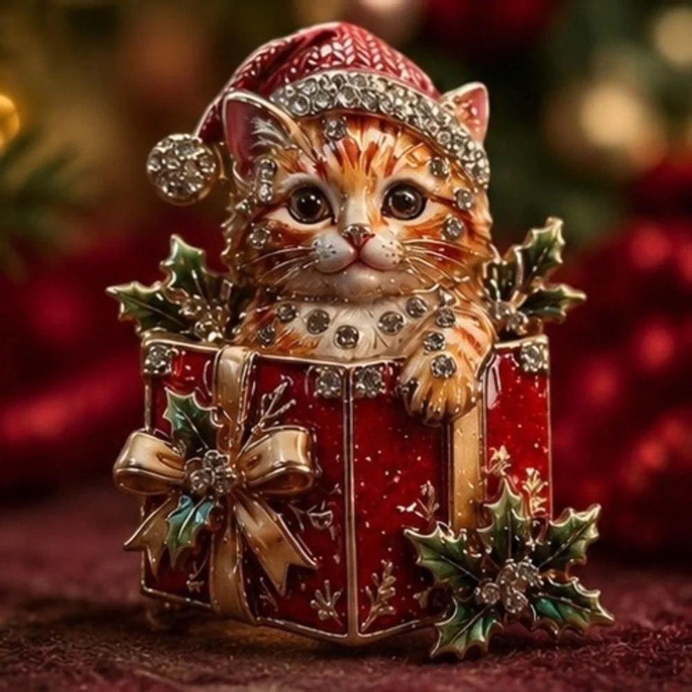 Christmas Kitten Brooch Red Gift Box Rhinestone Enameled Holiday Cat Pin